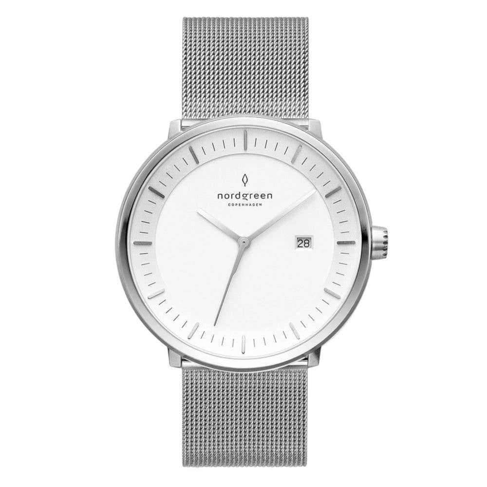NORDGREEN Herrenuhr Philosopher 40 mm Silber Mesh