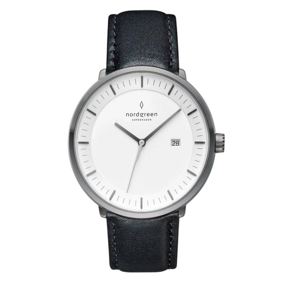 NORDGREEN Herrenuhr Philosopher 40 mm Grau Schwarz Leder