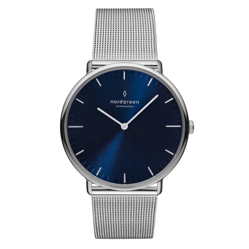 NORDGREEN Herrenuhr Native 40 mm Silber Blau Mesh