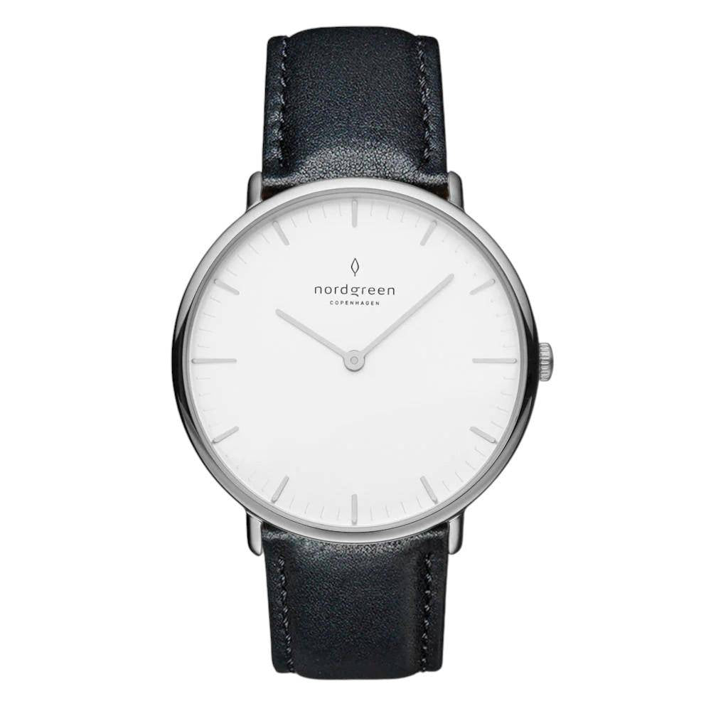 NORDGREEN Damenuhr Native 36 mm Silber Schwarz Leder