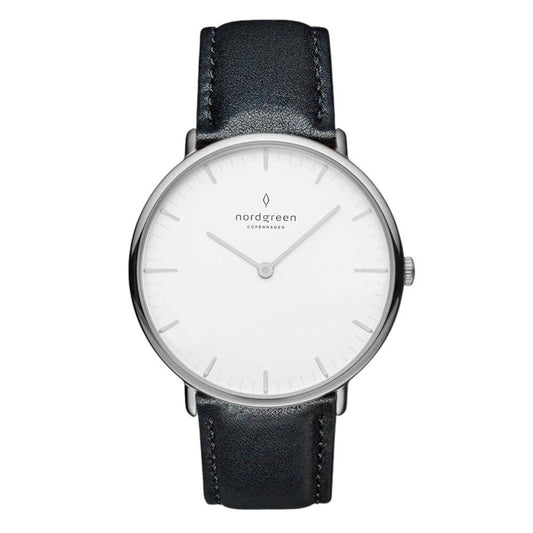 NORDGREEN Montre pour femme Native 36 mm Argent Noir Cuir
