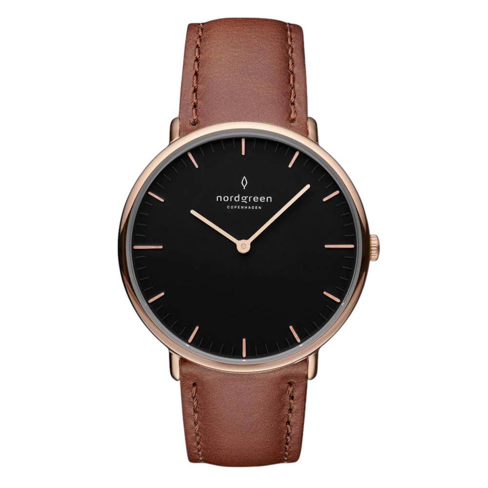 NORDGREEN Damenuhr Native 36 mm Rosegold Schwarz Braun Leder
