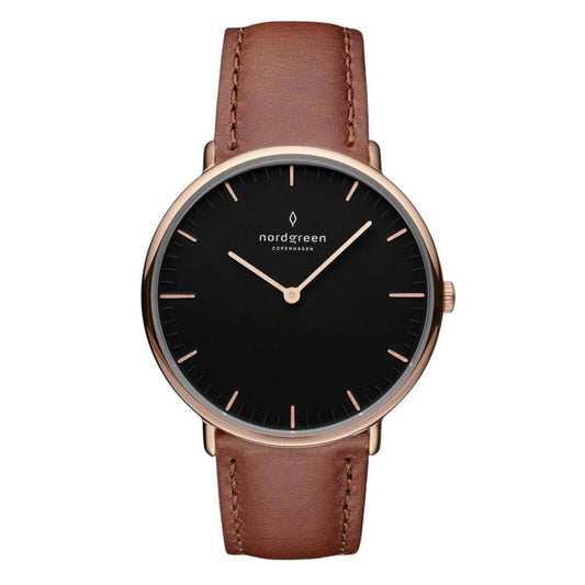 NORDGREEN Montre Femme Native 36 mm Or Rose Noir Cuir Marron