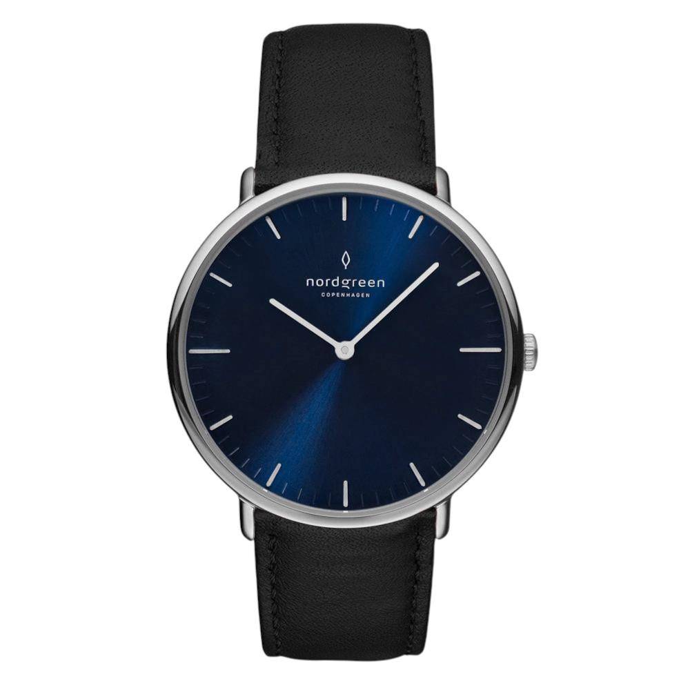 NORDGREEN Damenuhr Native 36 mm Silber Schwarz Blau Leder