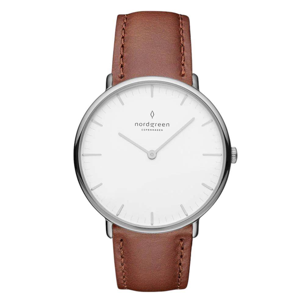 NORDGREEN Damenuhr Native 36 mm Silber Braun Leder