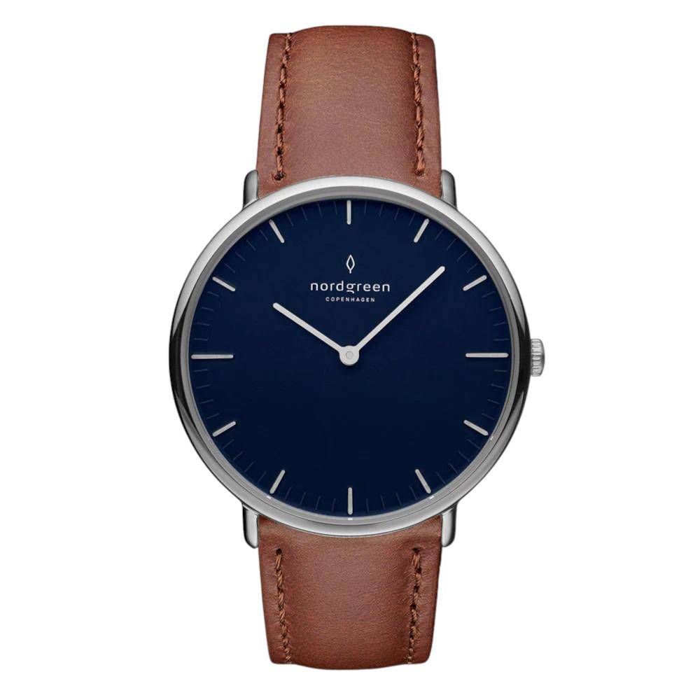 NORDGREEN Damenuhr Native 36 mm Silber Braun Blau Leder