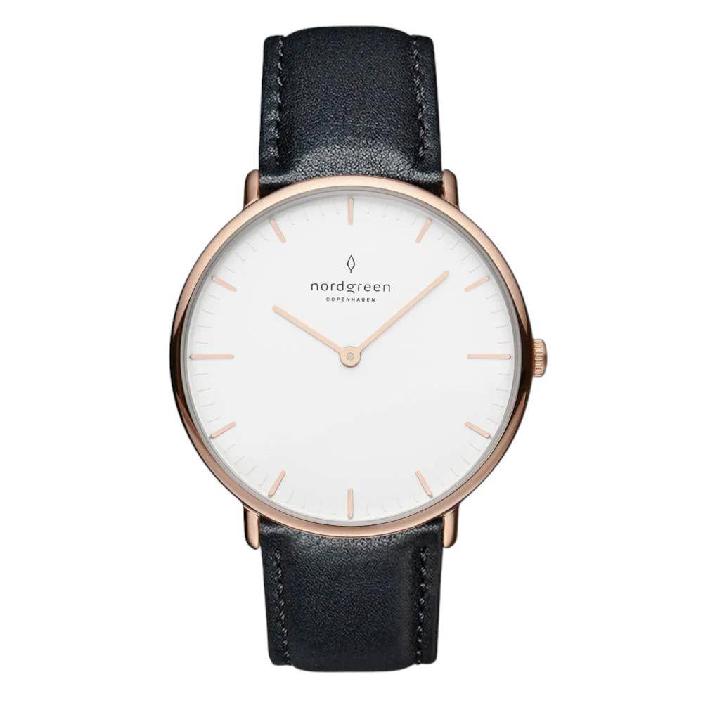 NORDGREEN Damenuhr Native 36 mm Rosegold Schwarz Leder