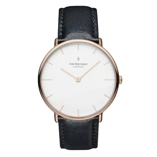 NORDGREEN Montre Femme Native 36 mm Or Rose Cuir Noir