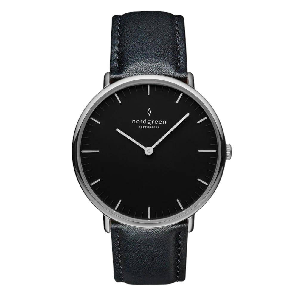 NORDGREEN Herrenuhr Native 40 mm Silber Schwarz Leder