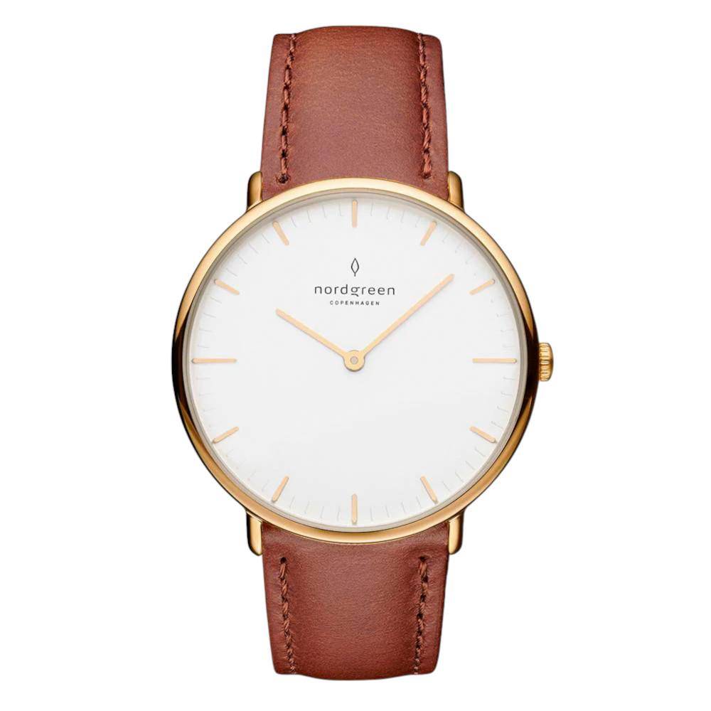 NORDGREEN Damenuhr Native 32 mm Gold Braun Leder