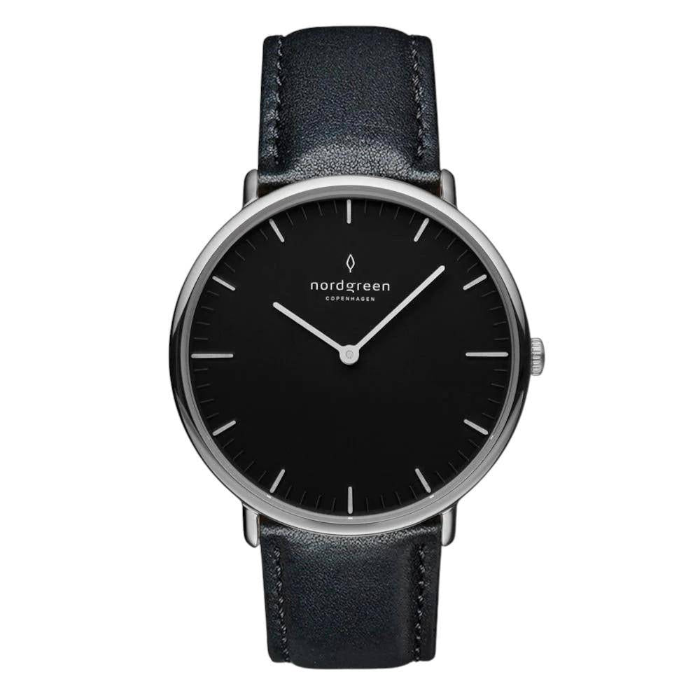 NORDGREEN Damenuhr Native 32 mm Silber Schwarz Leder