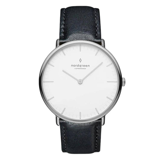 NORDGREEN Montre Femme Native 28 mm Argent Noir Cuir