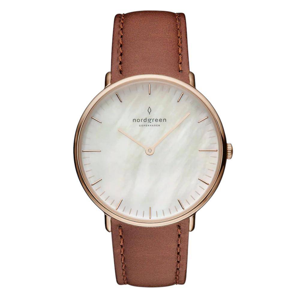 NORDGREEN Damenuhr Native 28 mm Rosegold Braun Perlmutt Leder