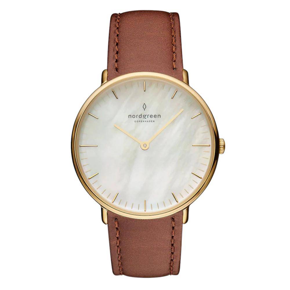 NORDGREEN Damenuhr Native 28 mm Gold Braun Perlmutt Leder