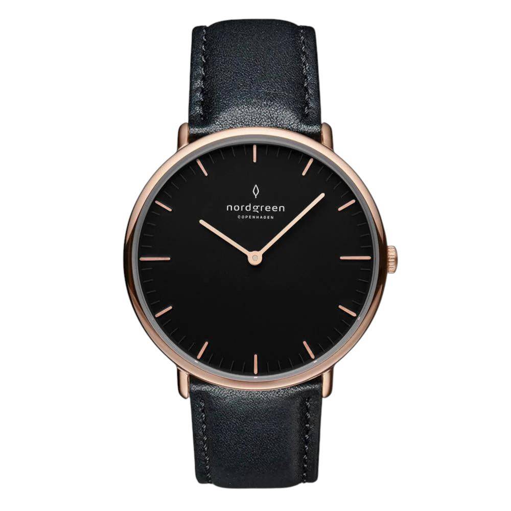 NORDGREEN Damenuhr Native 32 mm Rosegold Schwarz Leder
