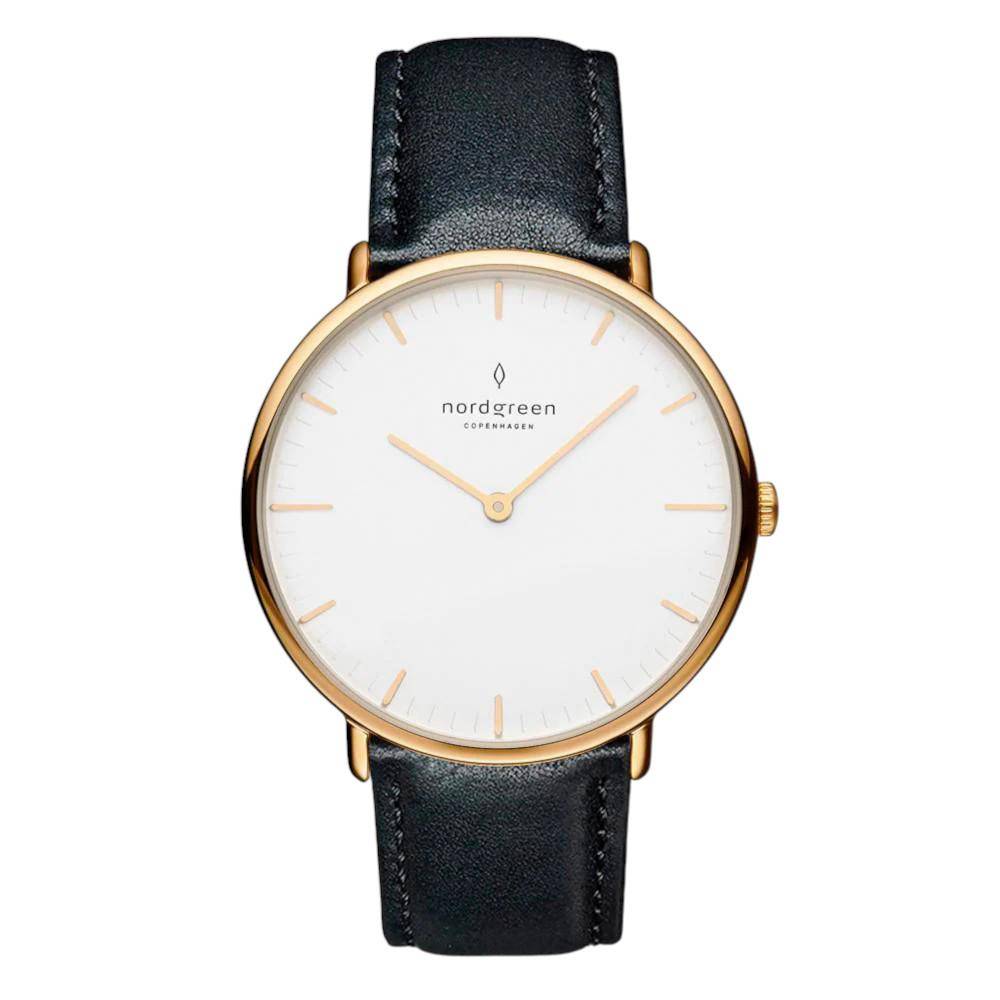 NORDGREEN Damenuhr Native 32 mm Gold Schwarz Leder