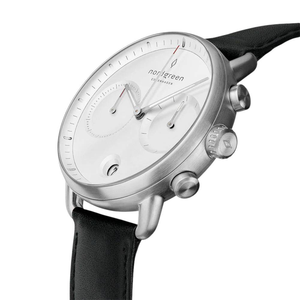 NORDGREEN Herrenuhr Pioneer Chronograph 42 mm Silber Schwarz Leder
