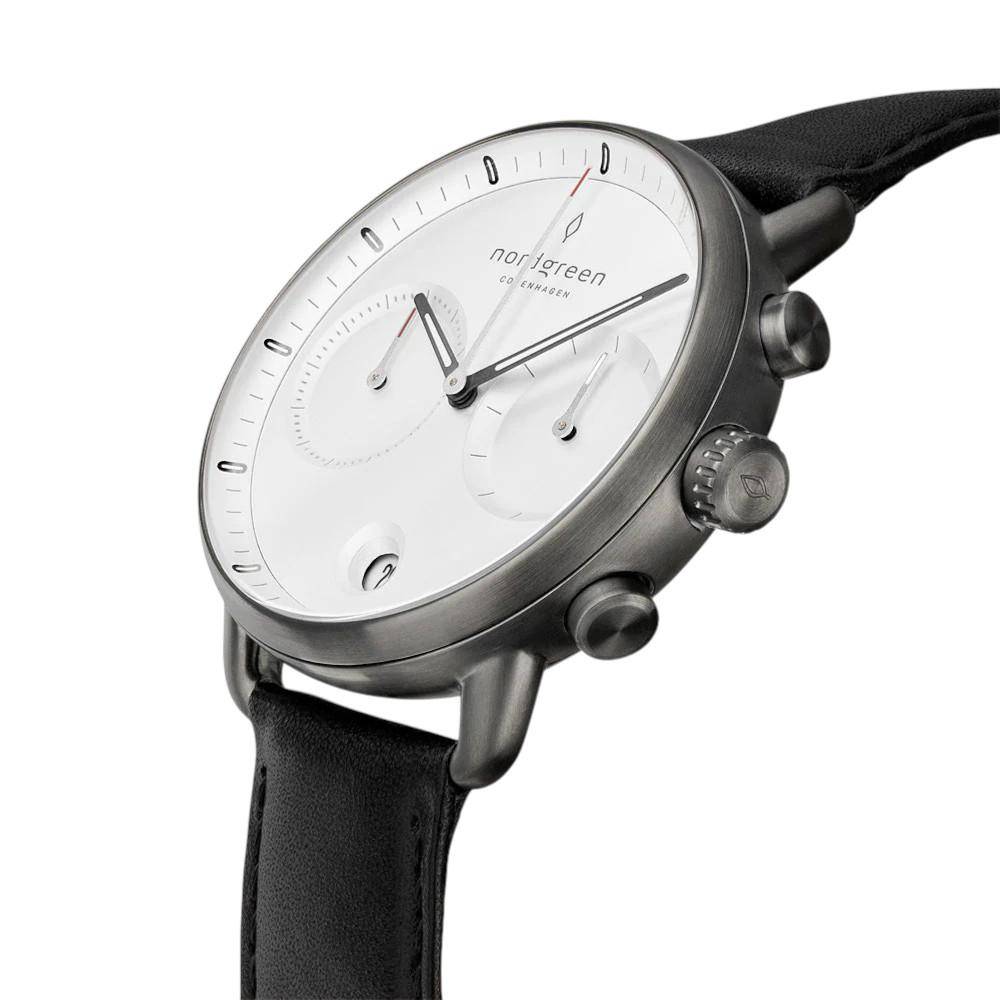 NORDGREEN Herrenuhr Pioneer Chronograph 42 mm Grau Schwarz Leder