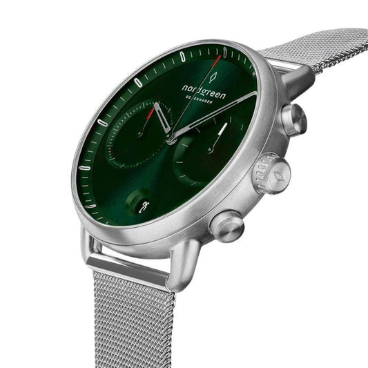 NORDGREEN Montre Homme Pioneer Chronographe 42 mm Argent Vert Maille