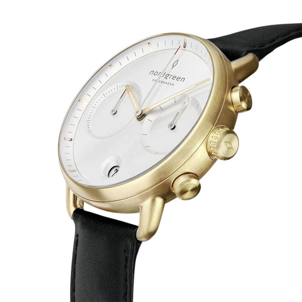NORDGREEN Herrenuhr Pioneer Chronograph 42 mm Gold Schwarz Leder