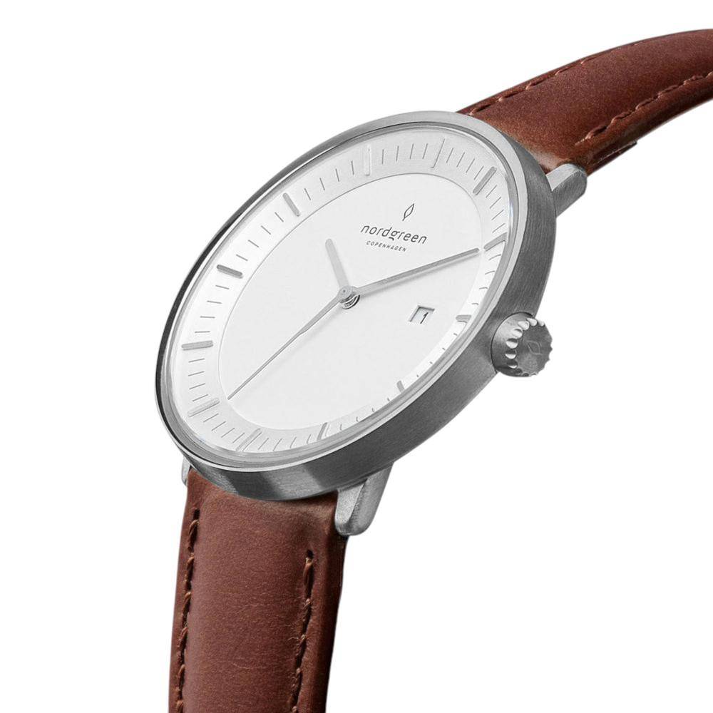 NORDGREEN Herrenuhr Philosopher 40 mm Silber Braun Leder