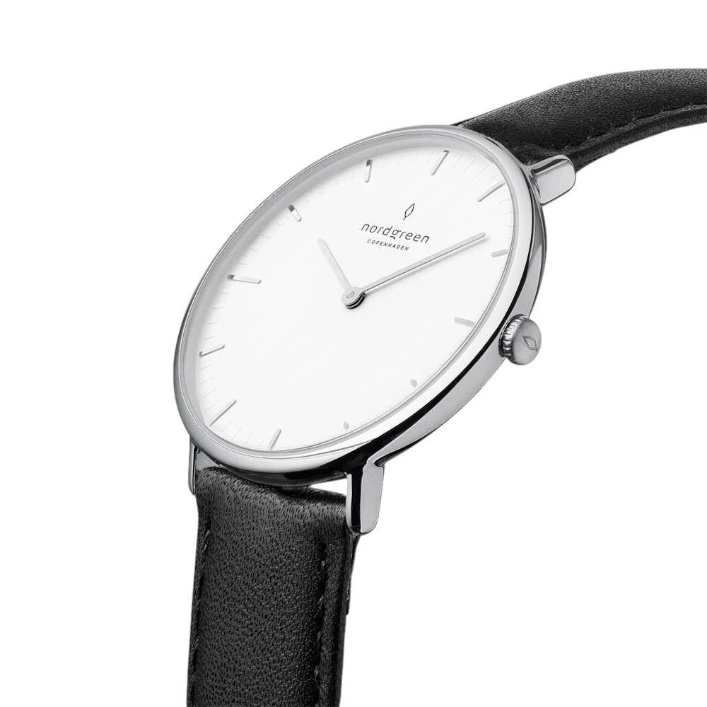 NORDGREEN Herrenuhr Native 40 mm Silber Schwarz Leder