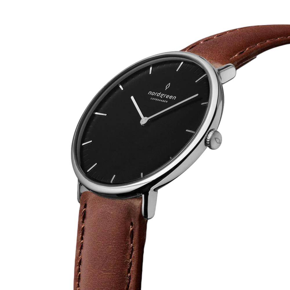 NORDGREEN Herrenuhr Native 40 mm Silber Schwarz Braun Leder