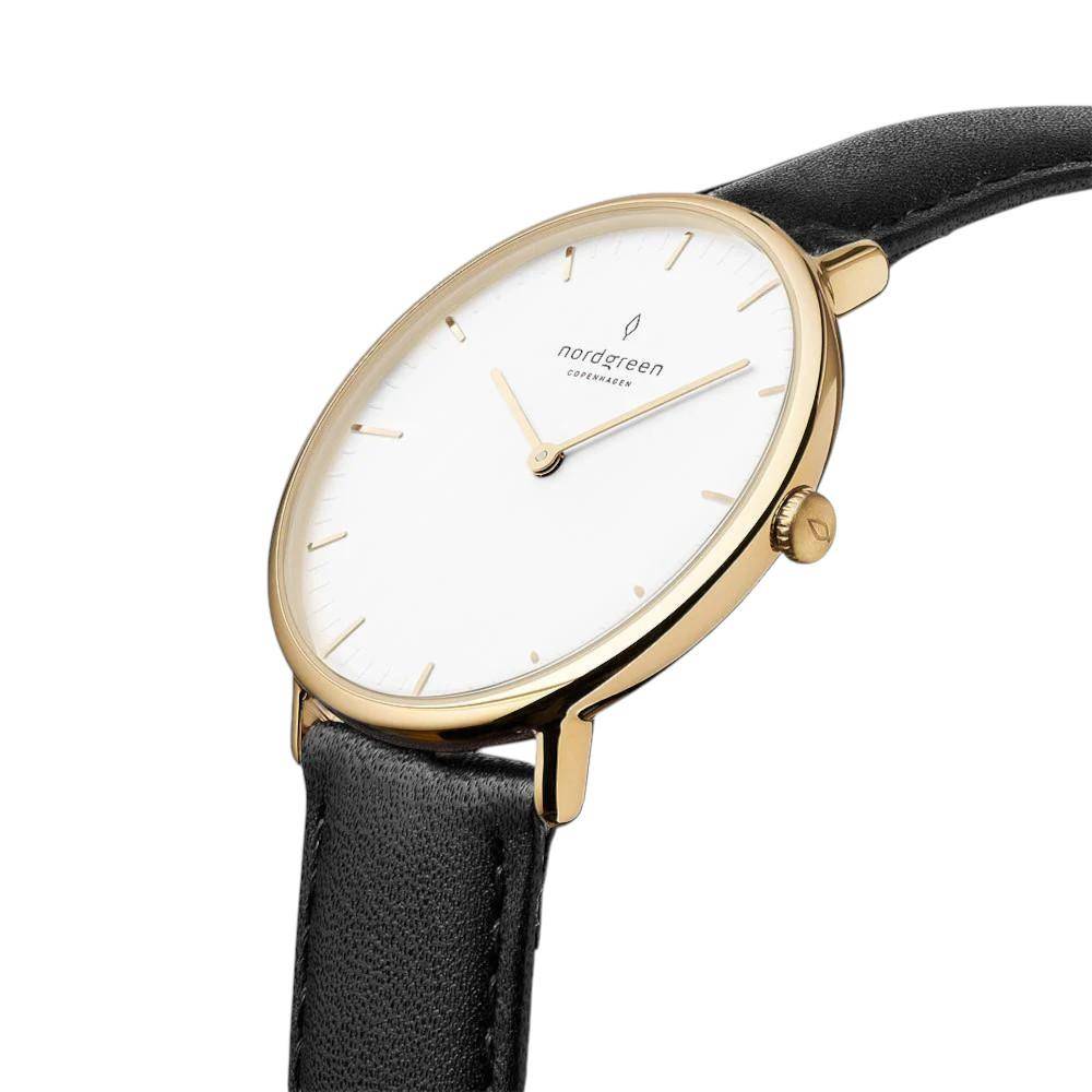 NORDGREEN Herrenuhr Native 36 mm Gold Schwarz Leder