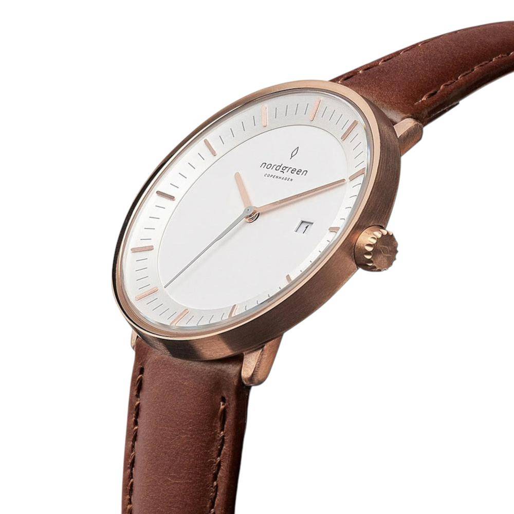 NORDGREEN Damenuhr Philosopher 36 mm Rosegold Braun Leder