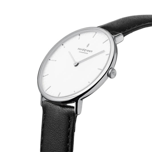 NORDGREEN Montre pour femme Native 36 mm Argent Noir Cuir