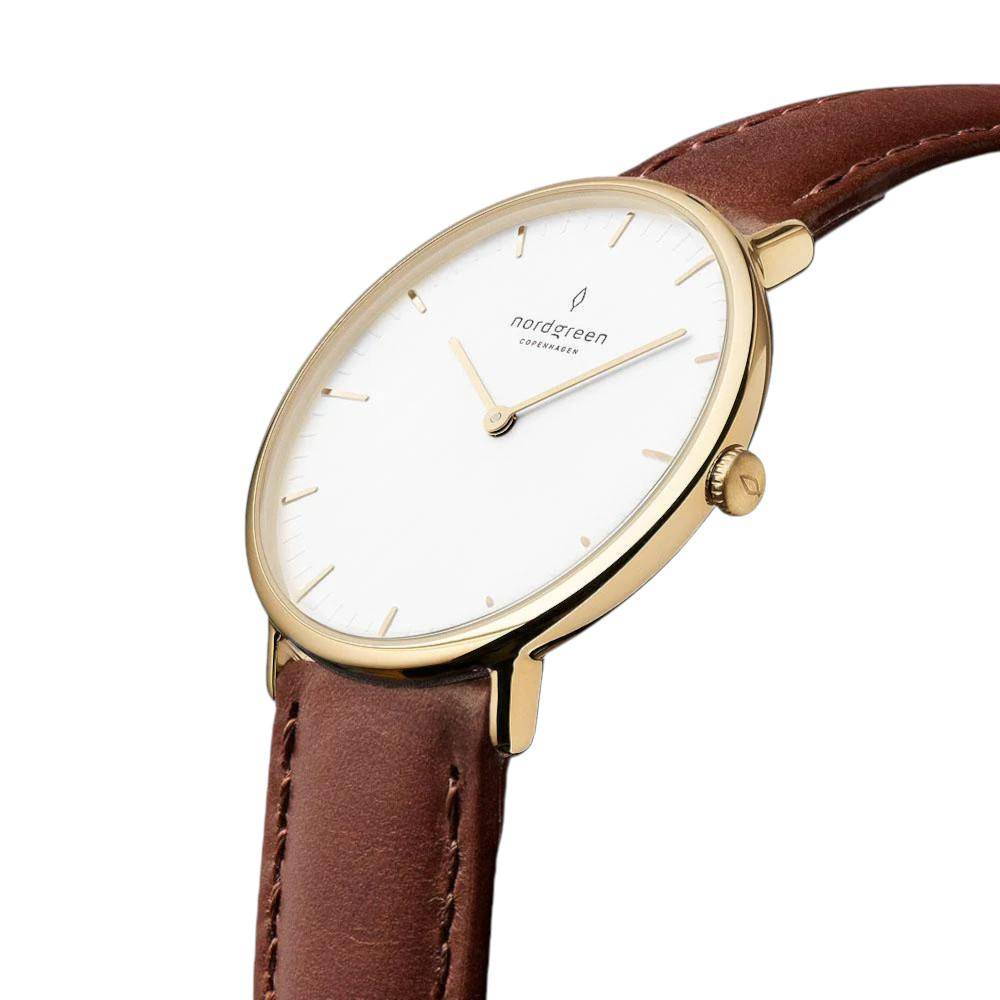 NORDGREEN Damenuhr Native 36 mm Gold Braun Leder
