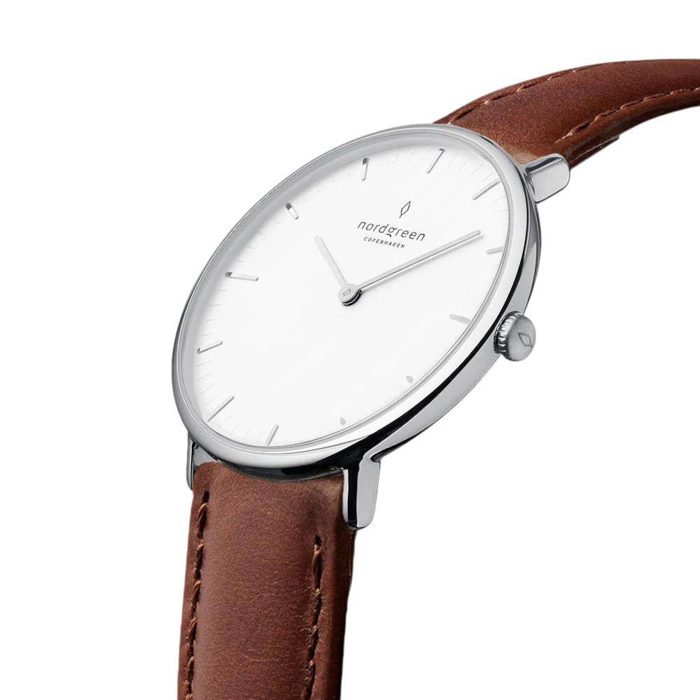 NORDGREEN Damenuhr Native 36 mm Silber Braun Leder