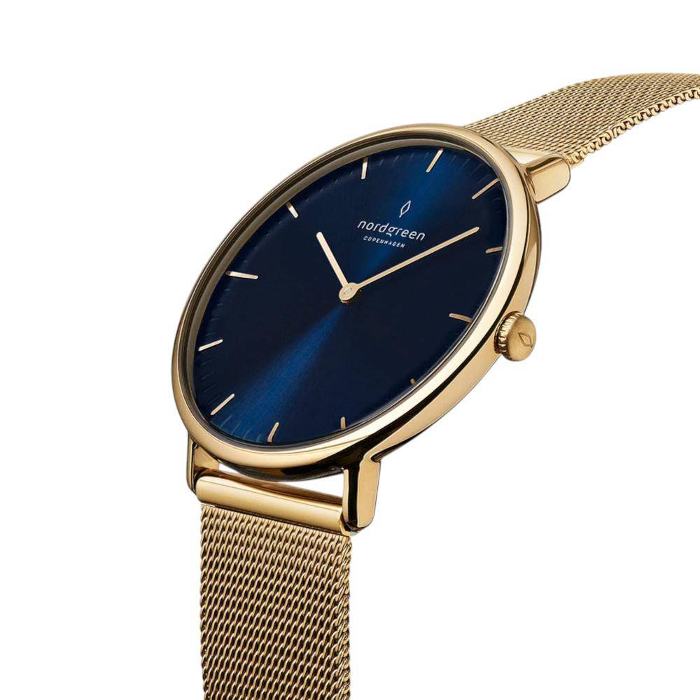 NORDGREEN Damenuhr Native 32 mm Gold Blau Mesh