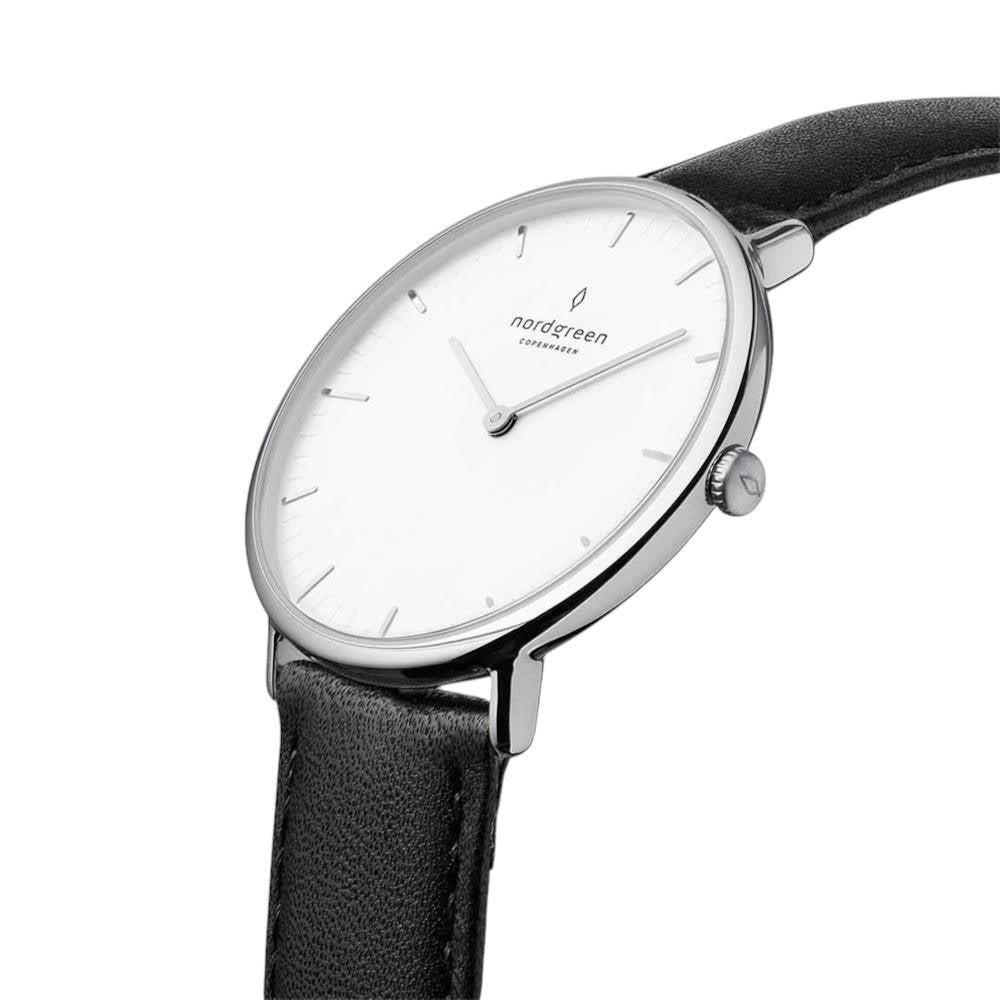 NORDGREEN Damenuhr Native 32 mm Silber Schwarz Leder
