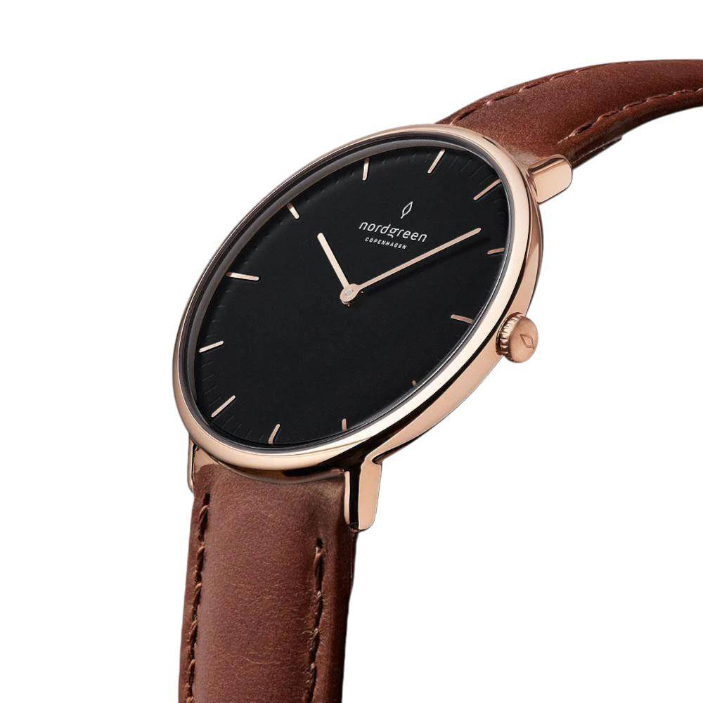 NORDGREEN Damenuhr Native 36 mm Rosegold Schwarz Braun Leder