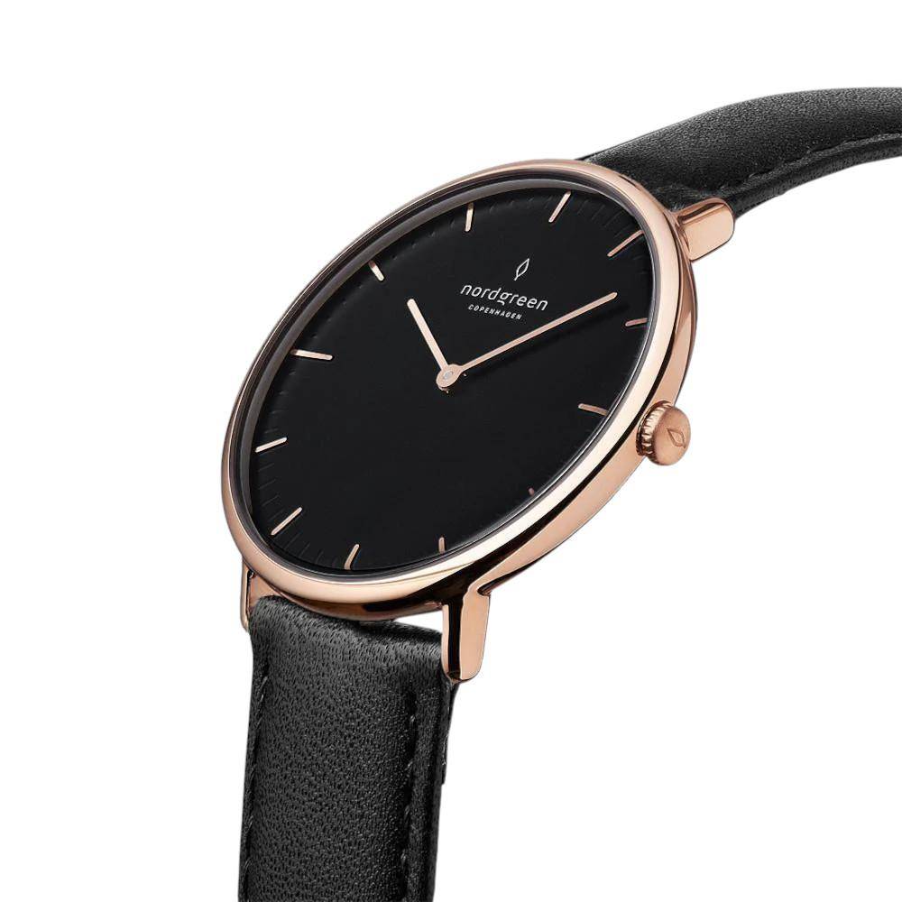 NORDGREEN Damenuhr Native 32 mm Rosegold Schwarz Leder