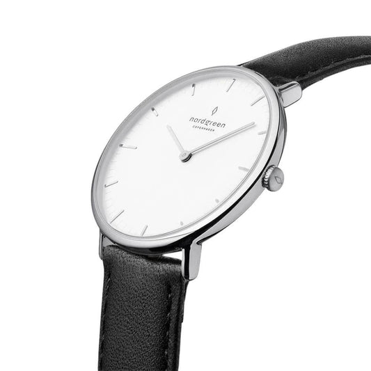 NORDGREEN Montre Femme Native 28 mm Argent Noir Cuir