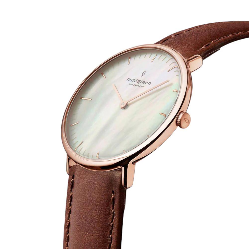 NORDGREEN Damenuhr Native 28 mm Rosegold Braun Perlmutt Leder
