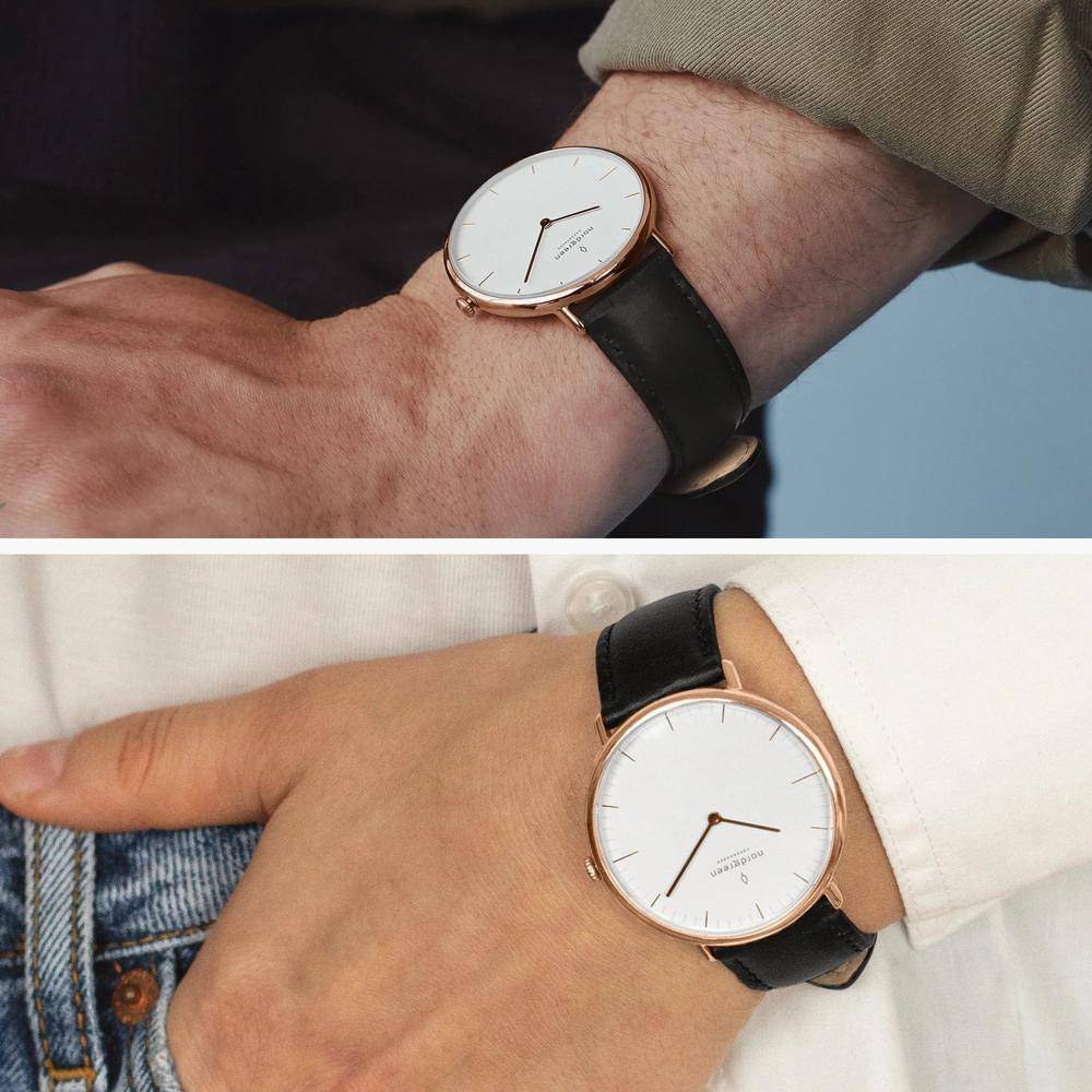 NORDGREEN Damenuhr Native 36 mm Rosegold Schwarz Leder