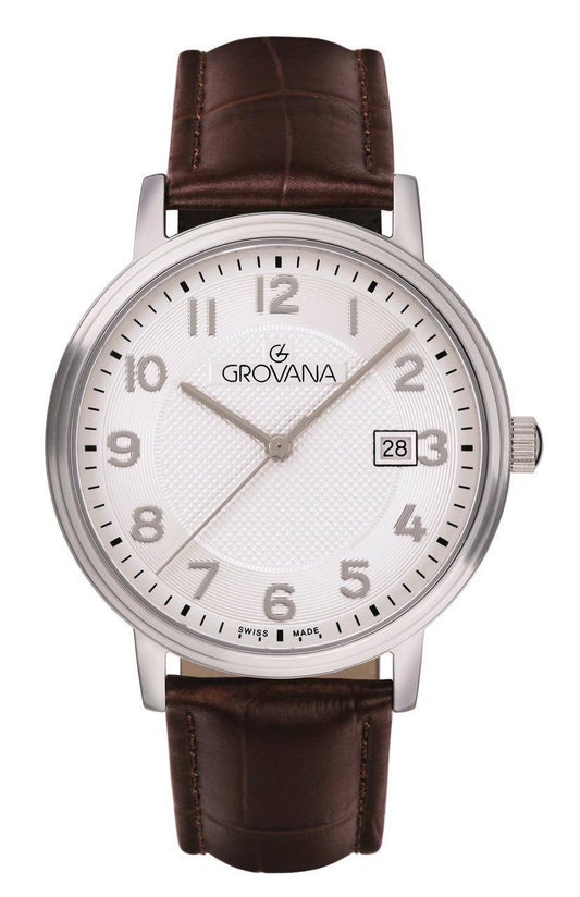 GROVANA Uhr Kensington Steel Leather Silver arabic 41mm Herren 1550,1533