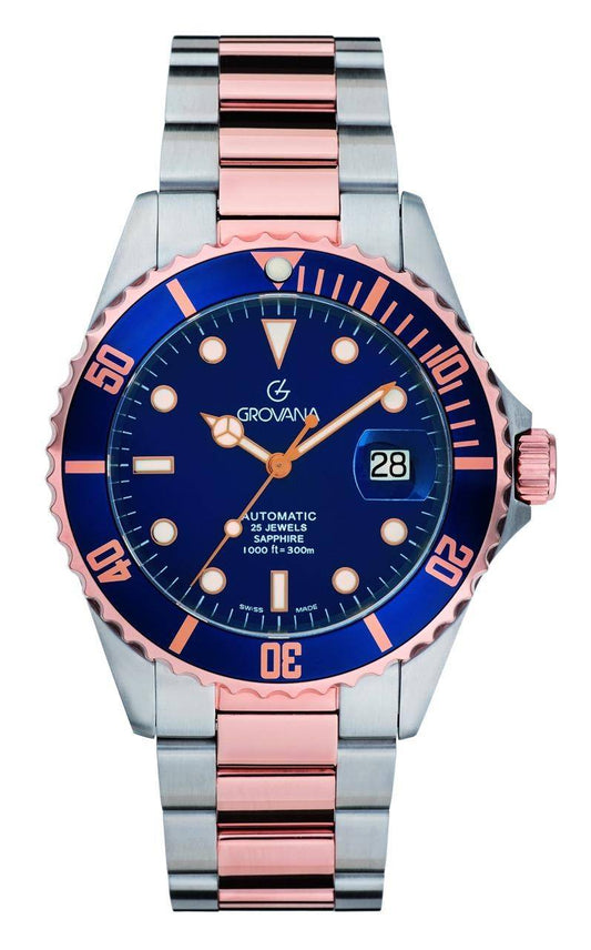 GROVANA Uhr Key West Bicolor rose blue bez. Metal Blue Index 43mm Herren 1571,2155