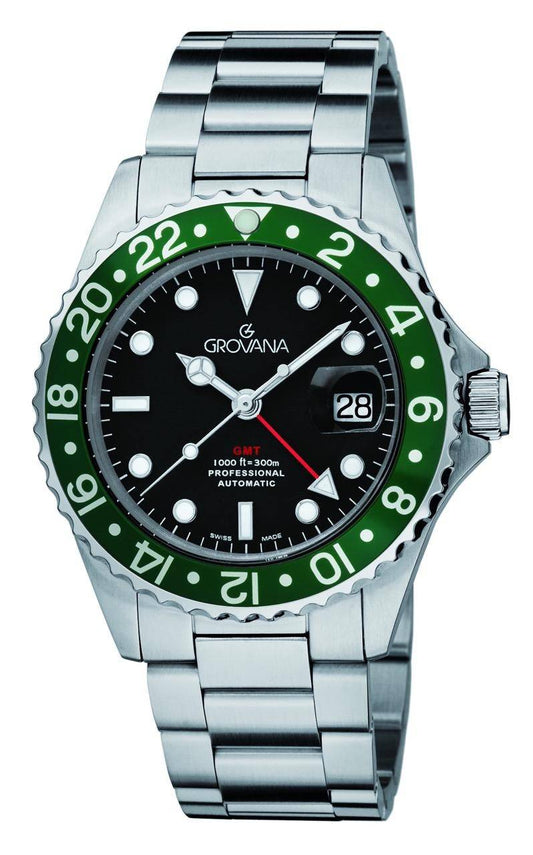 GROVANA Uhr Key West Steel green bezel Metal Black Index 43mm Herren 1572,2134