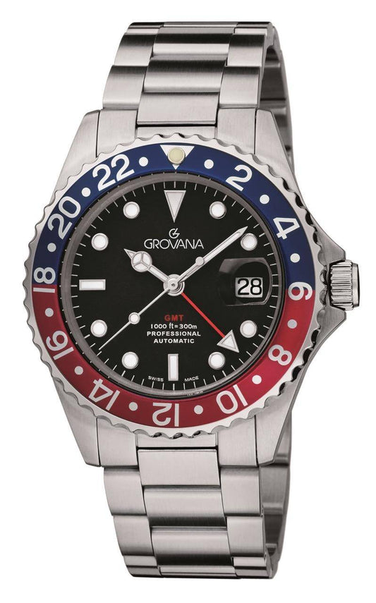 GROVANA Uhr Key West Steel red-blue bez. Metal Black Index 43mm Herren 1572,2135