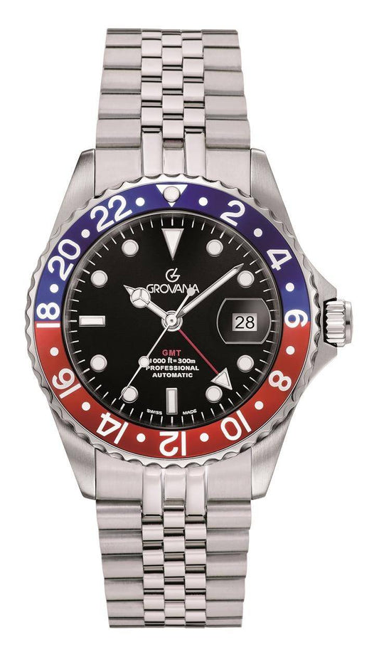 GROVANA Uhr Key West Steel red-blue bez. Metal Celebration Black Index 43mm Herren 1572,2235