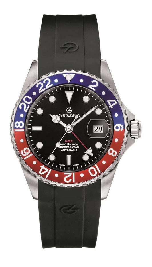 GROVANA Uhr Key West Steel red-blue bez. Silicon  Black Index 43mm Herren 1572,2835