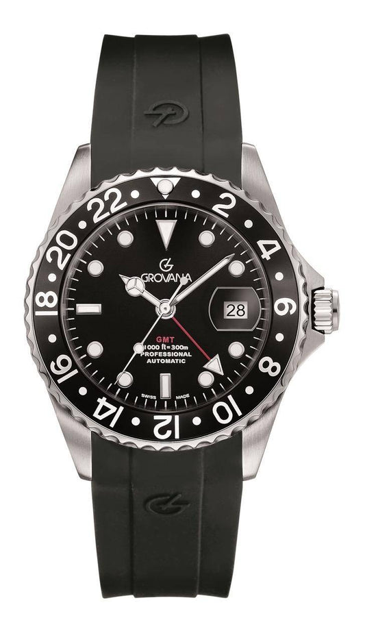 GROVANA Uhr Key West Steel black bez. Silicon  Black Index 43mm Herren 1572,2837