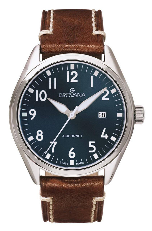 GROVANA Uhr Airborne l Steel Leather Blue 43mm Herren 1654,1535