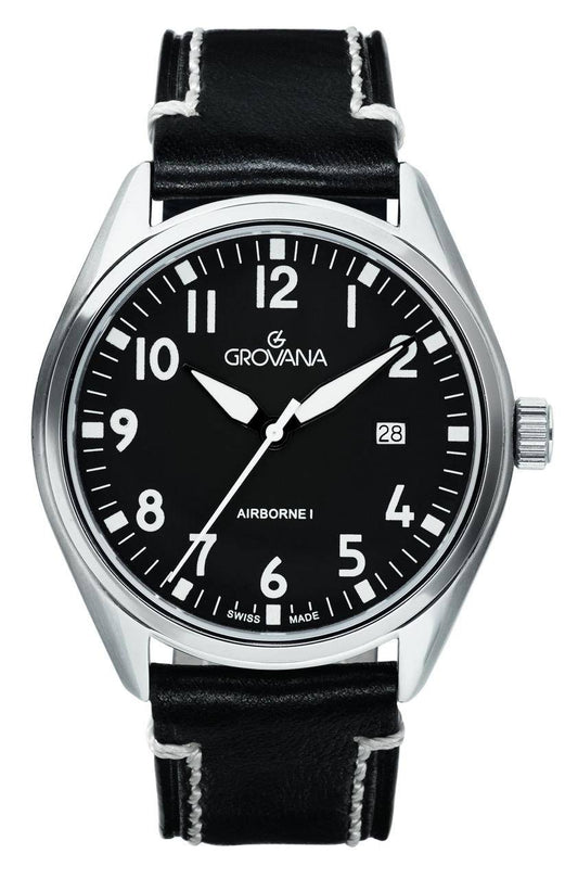 GROVANA Uhr Airborne l Steel Leather Black 43mm Herren 1654,1537
