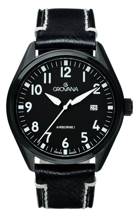 GROVANA Uhr Airborne l Steel-black Leather Black 43mm Herren 1654,1577