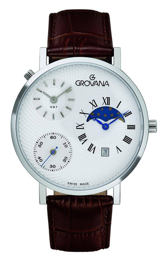 GROVANA Uhr Kensington Steel Leather Silver 42mm Herren 1711,1532